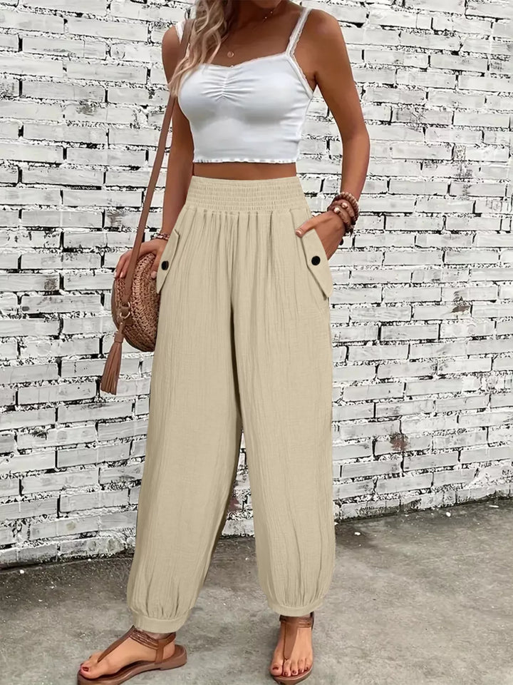 Beige Wide-leg smocked waist casual pants in textured weave