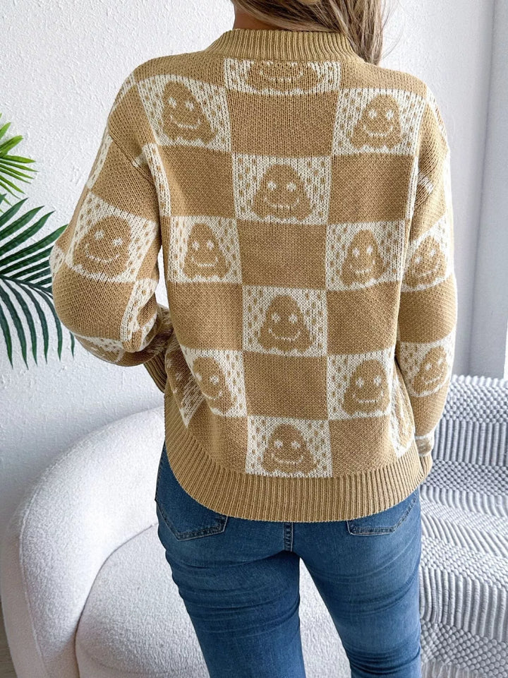 Checkered ghost print crew neck sweater with ribbed cuffs