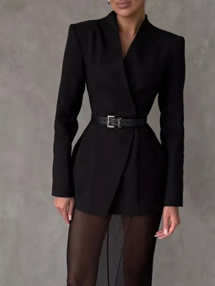 Collarless wrap-front blazer with cinched pleated waist