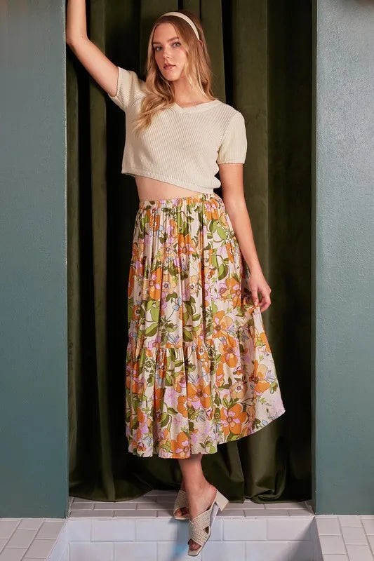 Retro floral print tiered midi skirt with elastic waistband