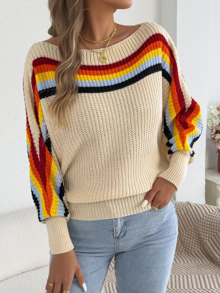 Beige Rainbow stripe ribbed knit boat neck sweater