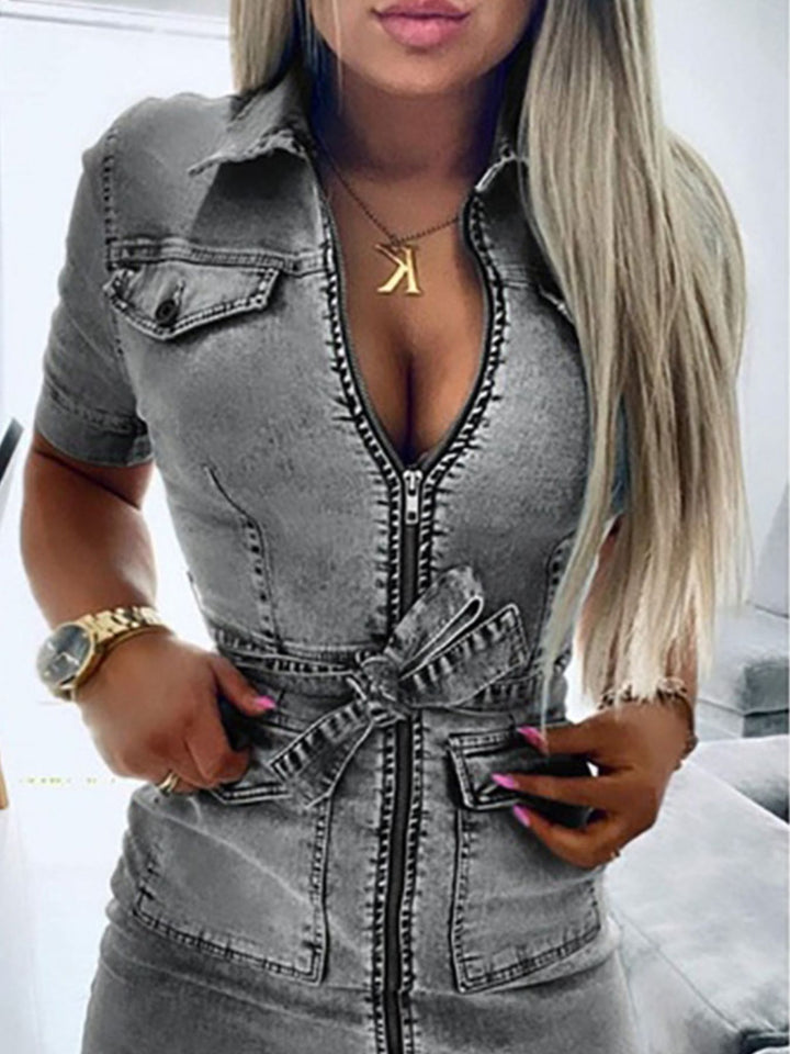 Grey Zip-front tie-waist short sleeve denim mini dress