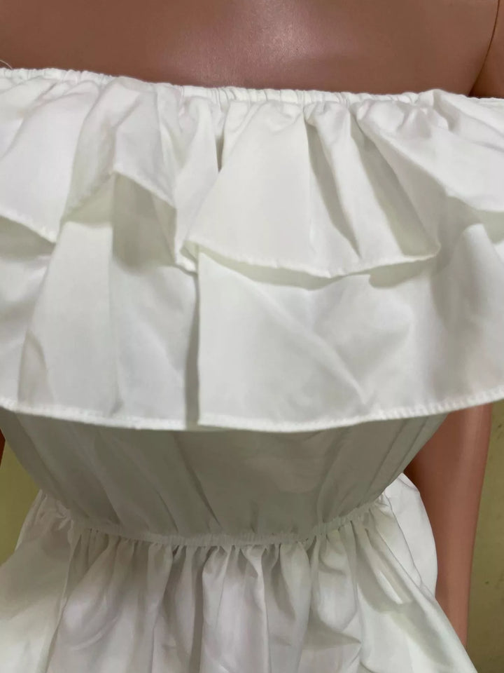 Tiered ruffle off-shoulder high-low blouse