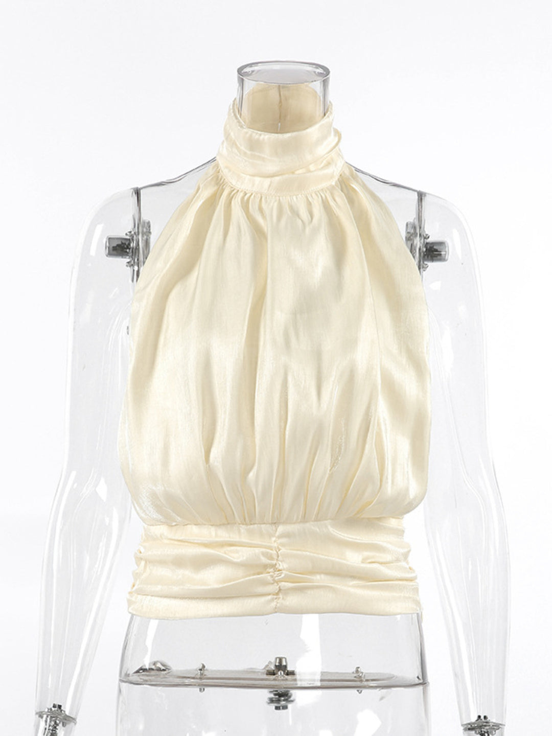 Ruched satin halter top with mock neck and gathered waist