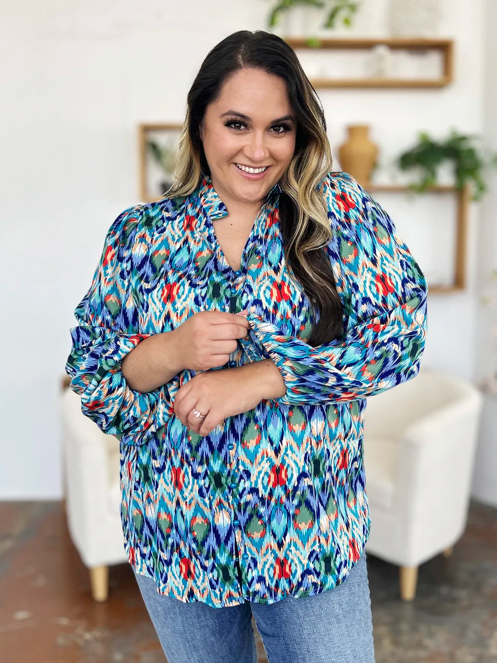 Abstract print balloon-sleeve button-down blouse