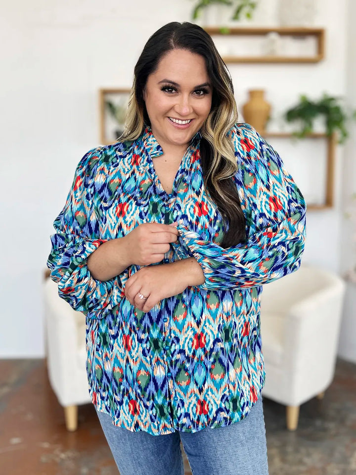 Abstract print balloon-sleeve button-down blouse