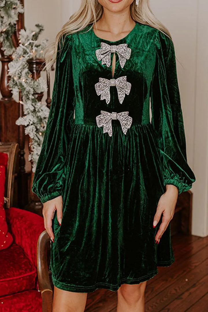 Dark Green Rhinestone bow velvet mini dress with balloon sleeves