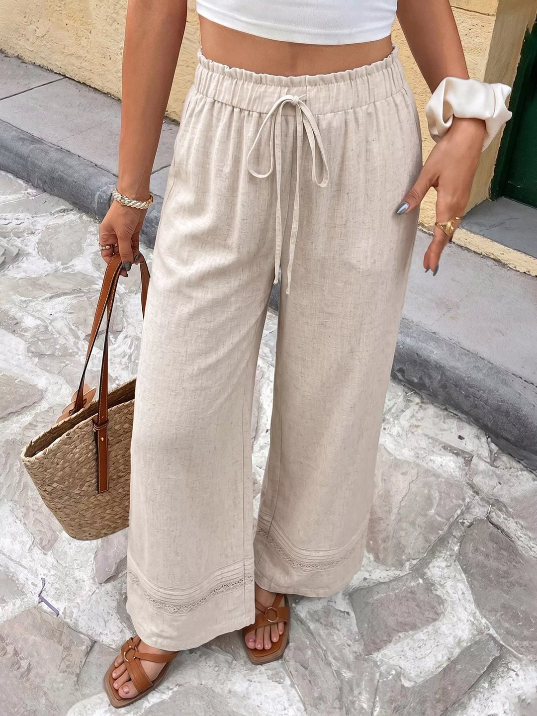 Khaki Drawstring wide-leg linen-blend pants with lace-trim hem