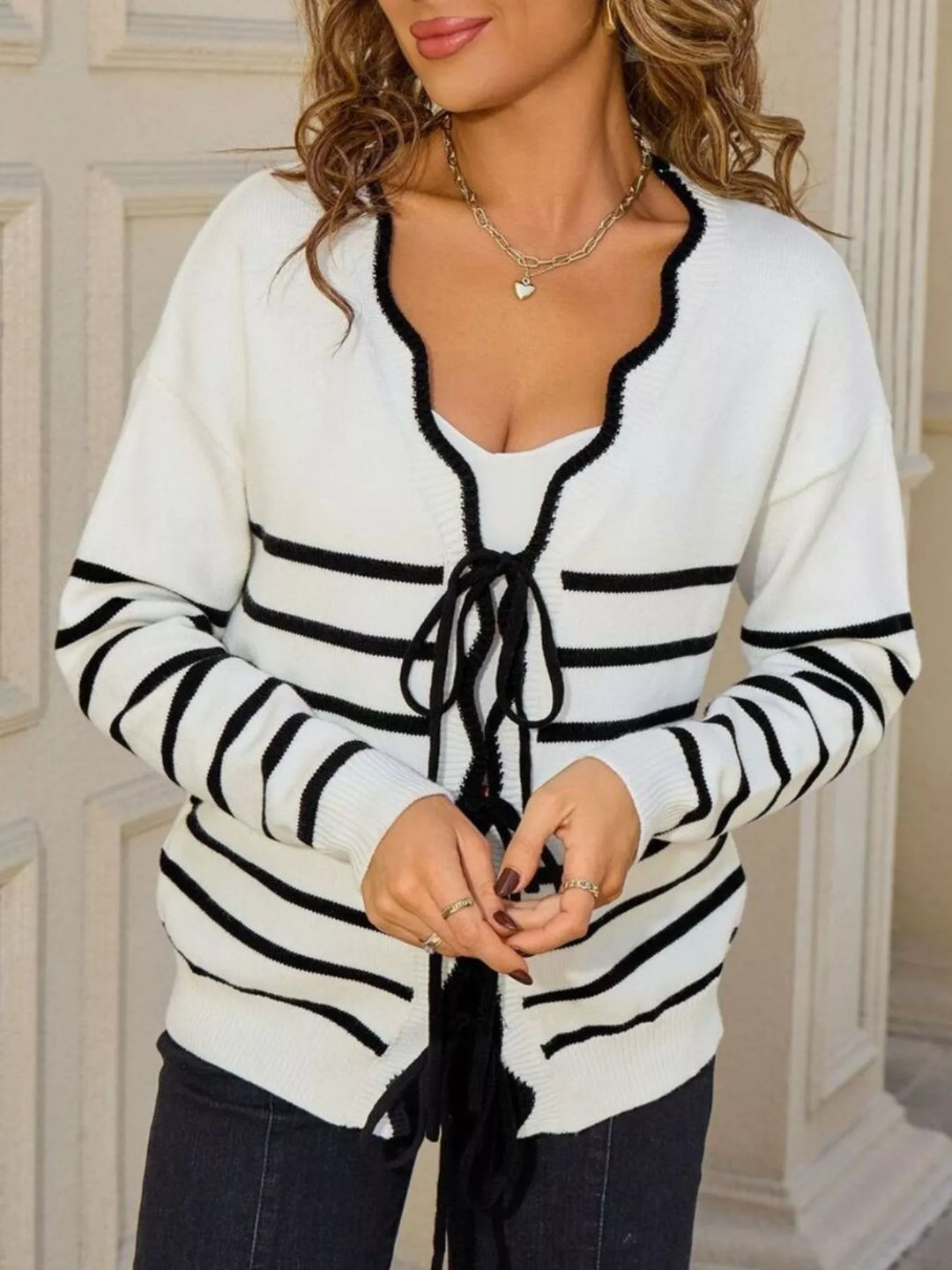 Striped tie-front knit cardigan with contrast trim