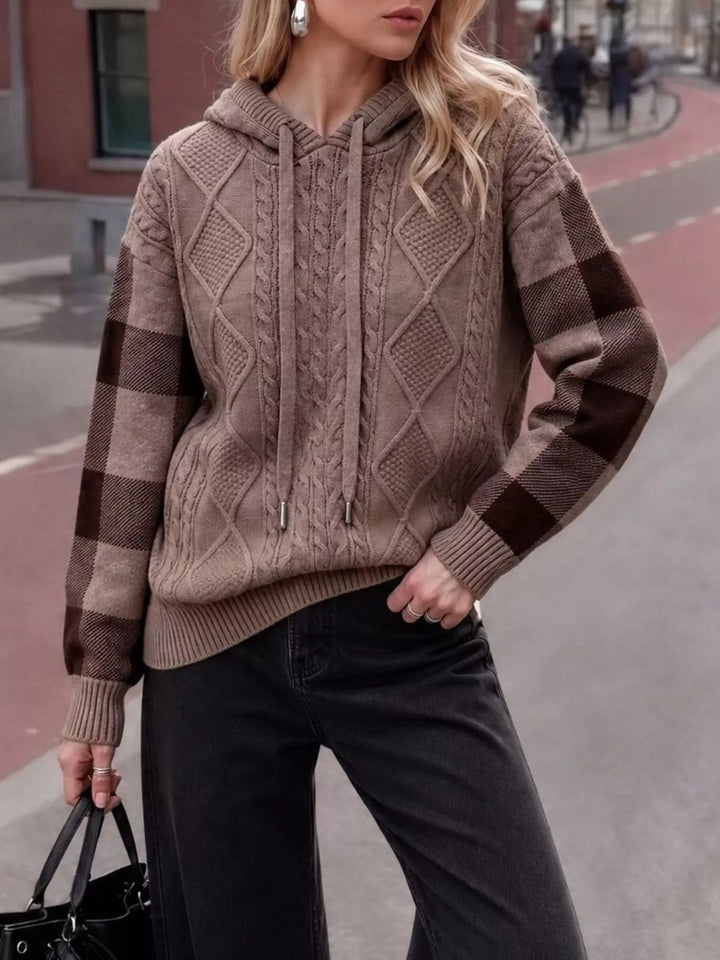 Coffee Brown Cable knit hooded sweater with plaid sleeves and drawstring
