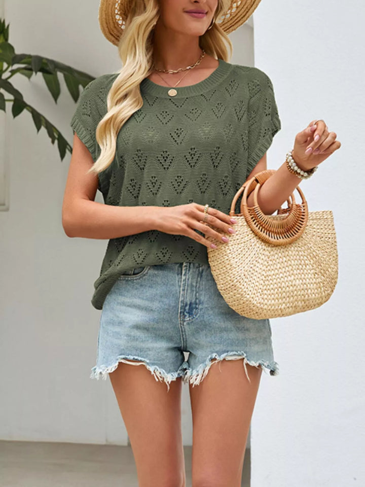 Openwork pointelle knit short sleeve top