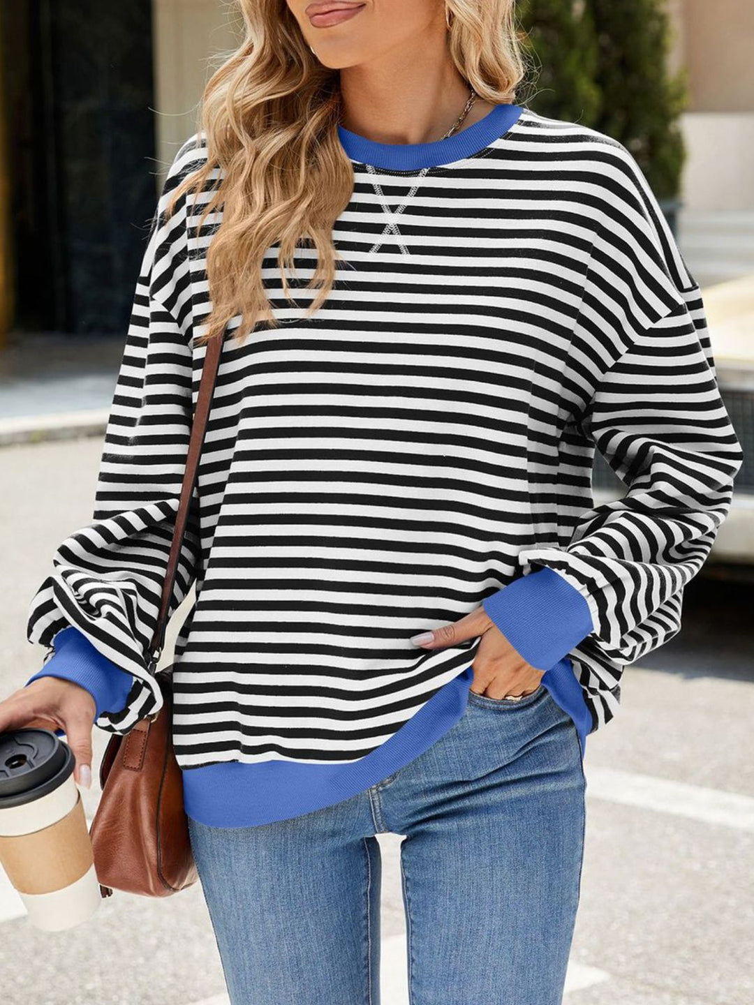 Royal Blue Striped crew neck sweatshirt with contrast ribbed trim