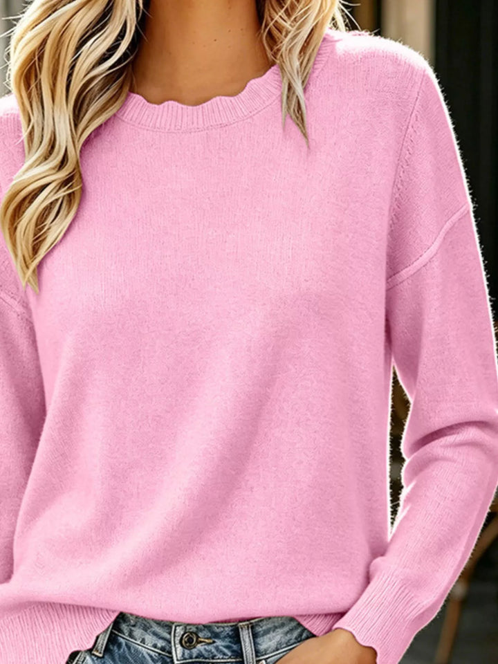 Scalloped trim crew neck pullover sweater