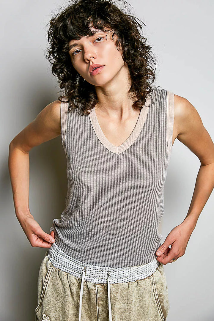 LIGHT GREY V-neck ribbed sleeveless tank with contrast trim