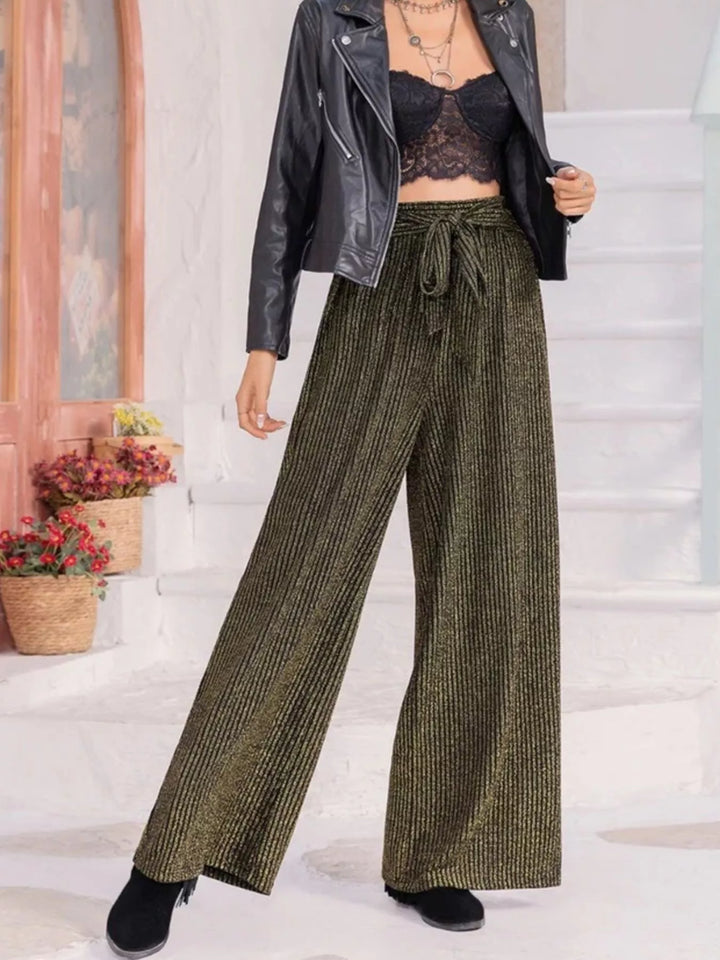 Striped wide-leg pants with drawstring tie waist