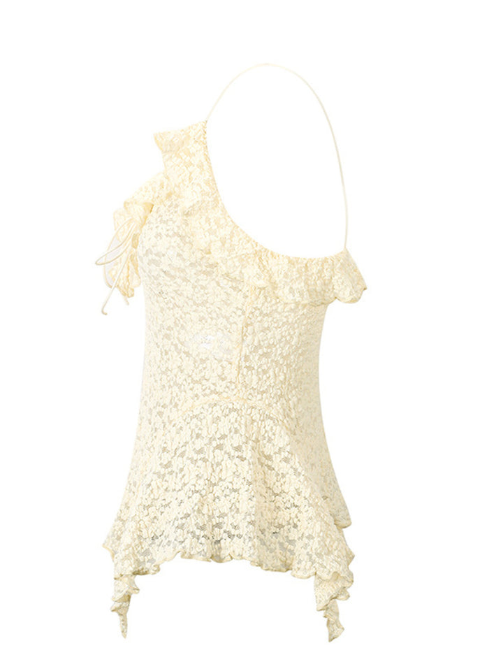 Lace tie-front cami with ruffle trim and asymmetric hem