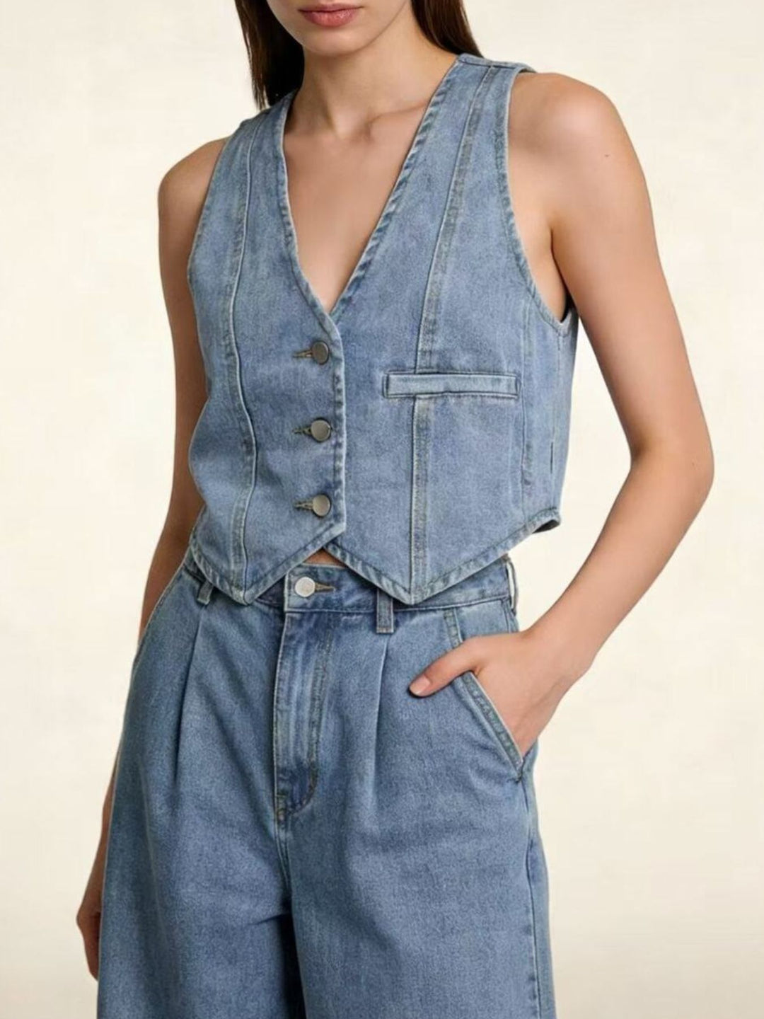 Cropped denim button-down vest with V-neckline