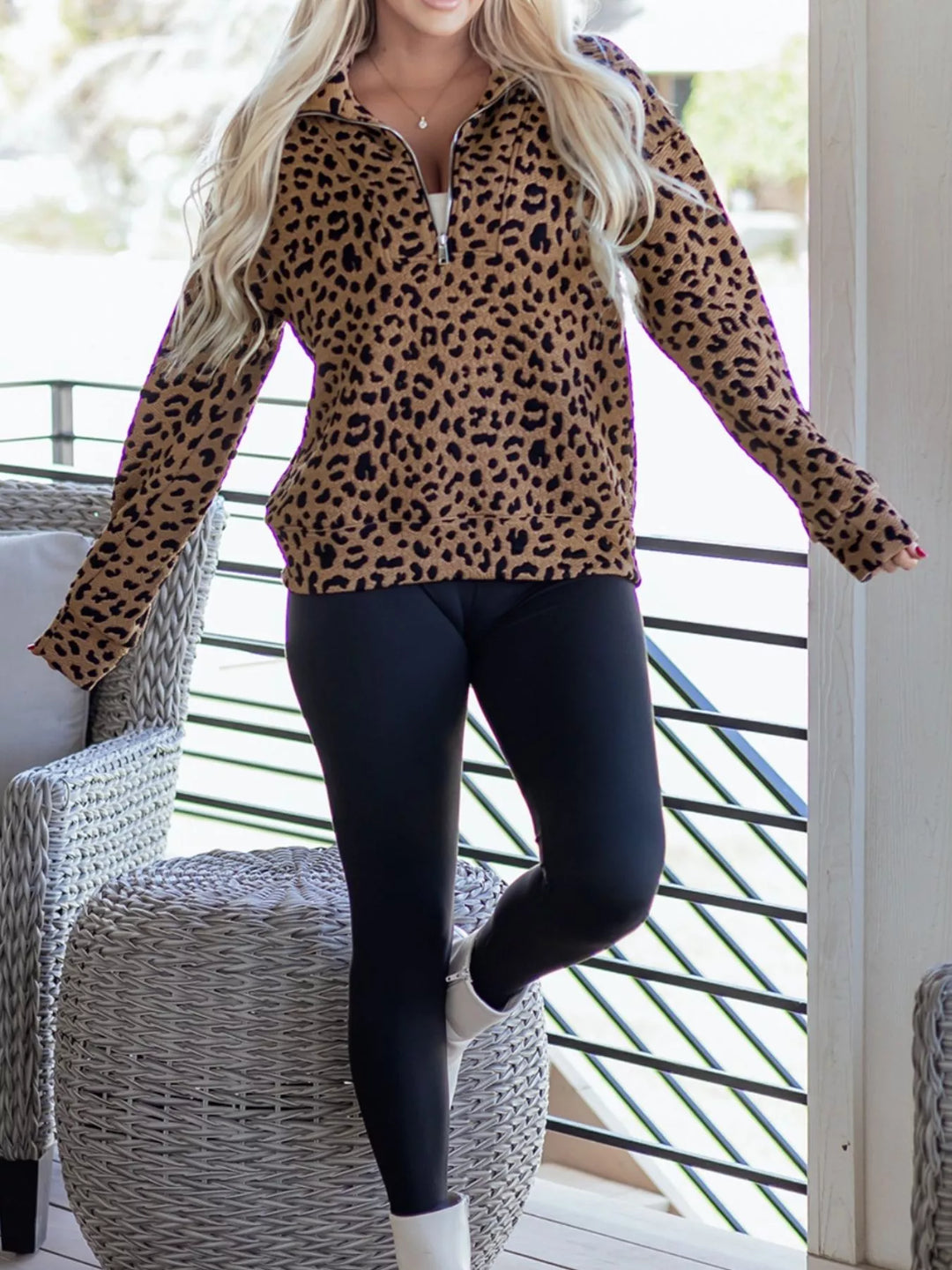 Textured leopard quarter-zip sweatshirt with pocket