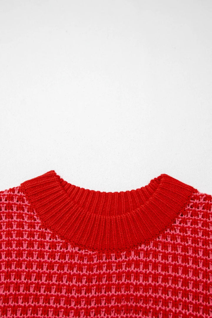 Striped open-knit crew neck sweater with half sleeves