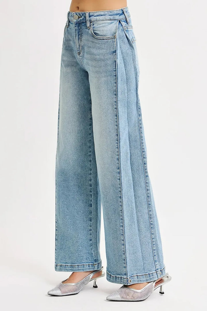 Mid-rise wide barrel jeans with adjustable snap hem