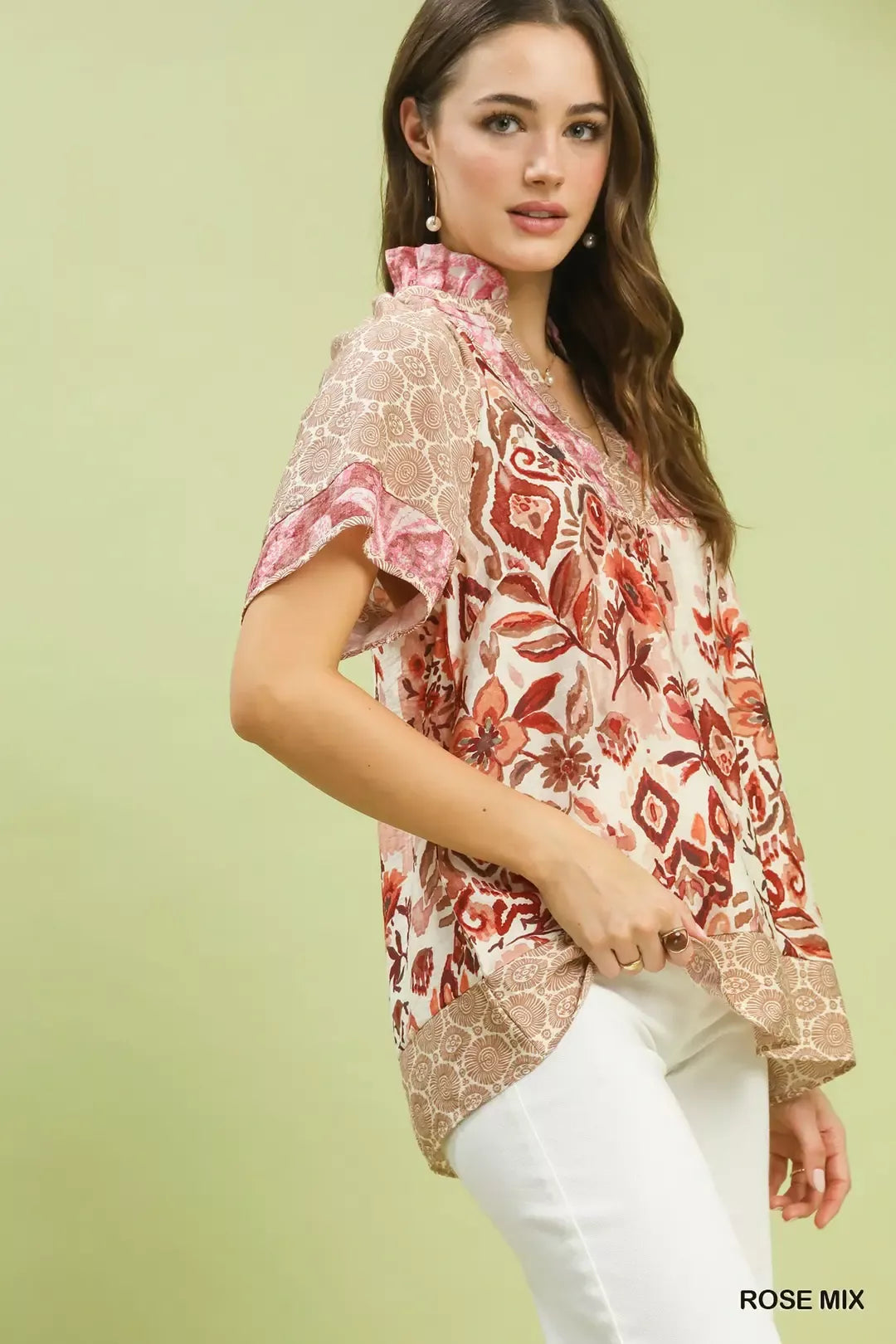 Mixed print patchwork short sleeve blouse with split V-neck