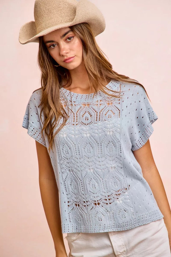 Washed eyelet openwork knit short sleeve top