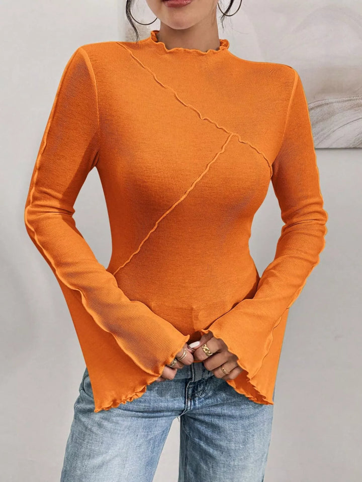 Ribbed knit mock neck top with lettuce-edge flare sleeves