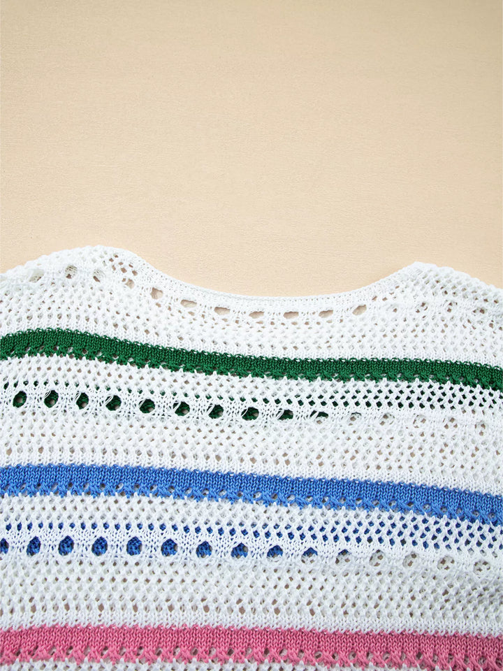 Striped pointelle open-knit pullover sweater