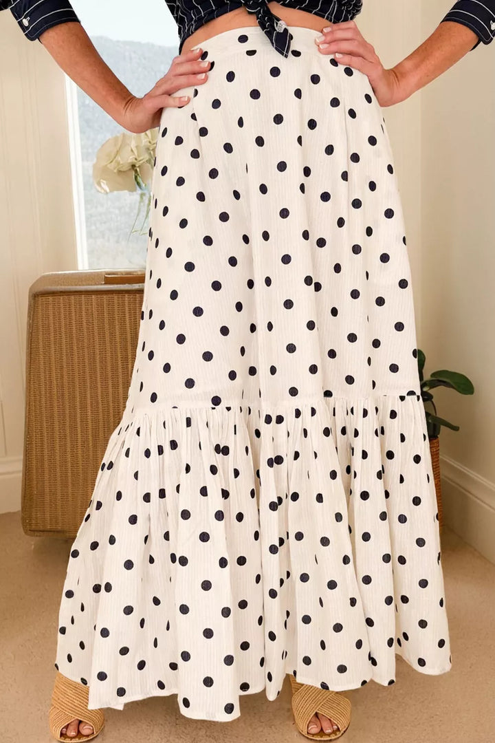Polka dot ruffled maxi skirt with side slit and pockets