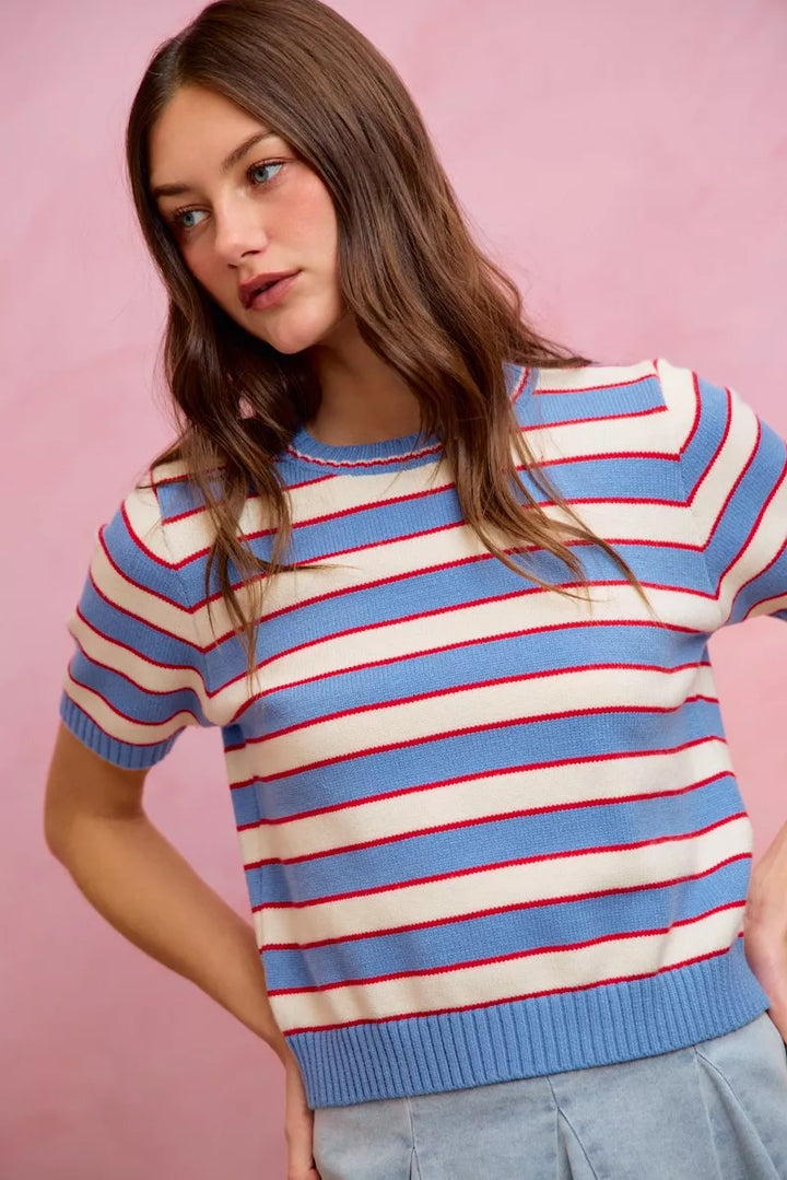 Striped ribbed knit short sleeve crew neck sweater top