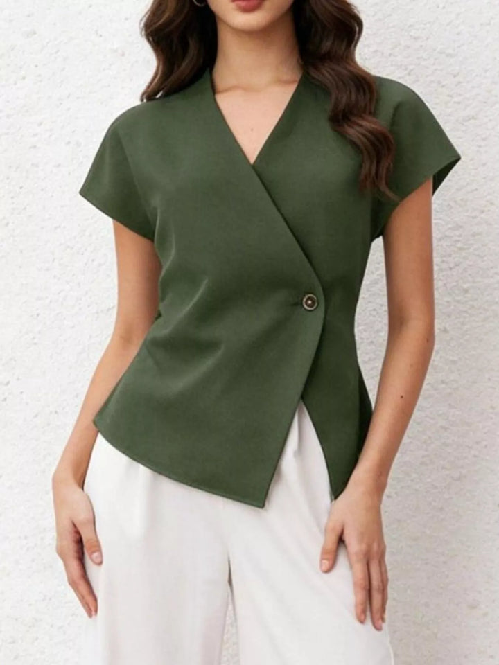 Wrap-front cap sleeve blouse with single wooden button
