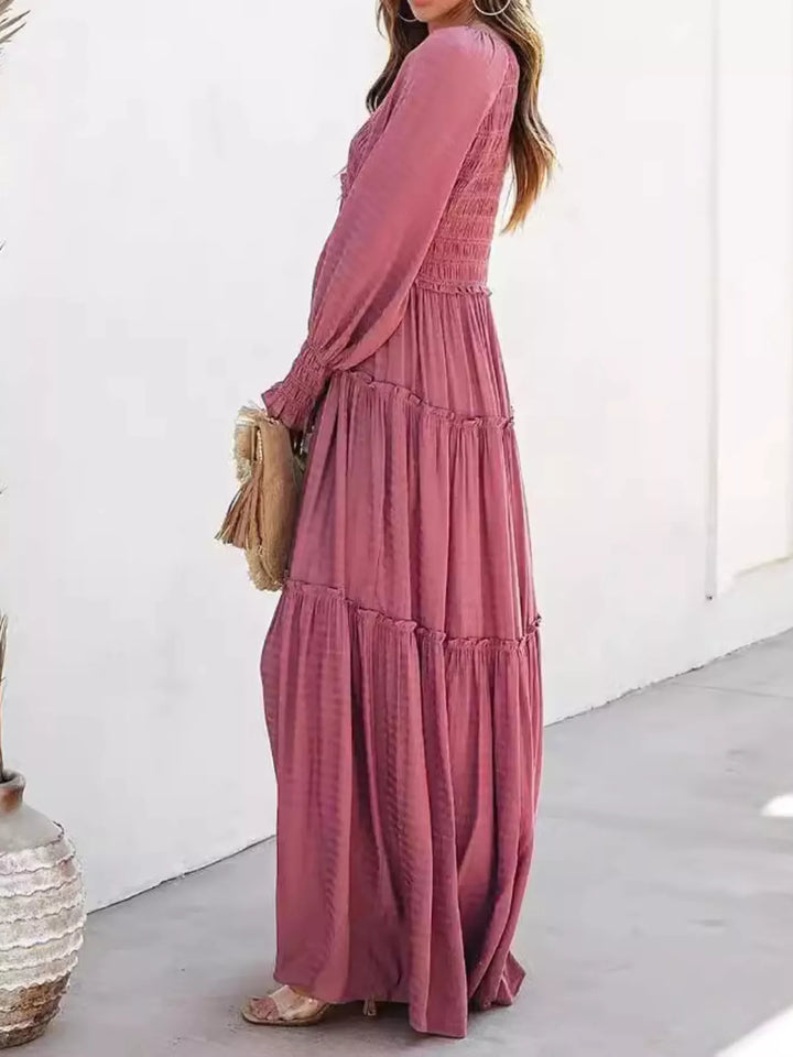 Smocked v-neck tiered maxi dress with long sleeves