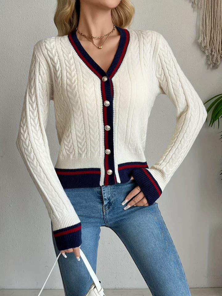 Cream Cable knit cardigan with contrast trim and gold buttons