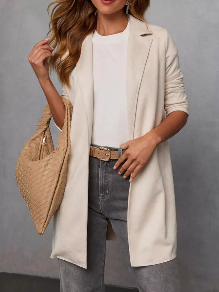White Open-front longline coat with notched lapel collar