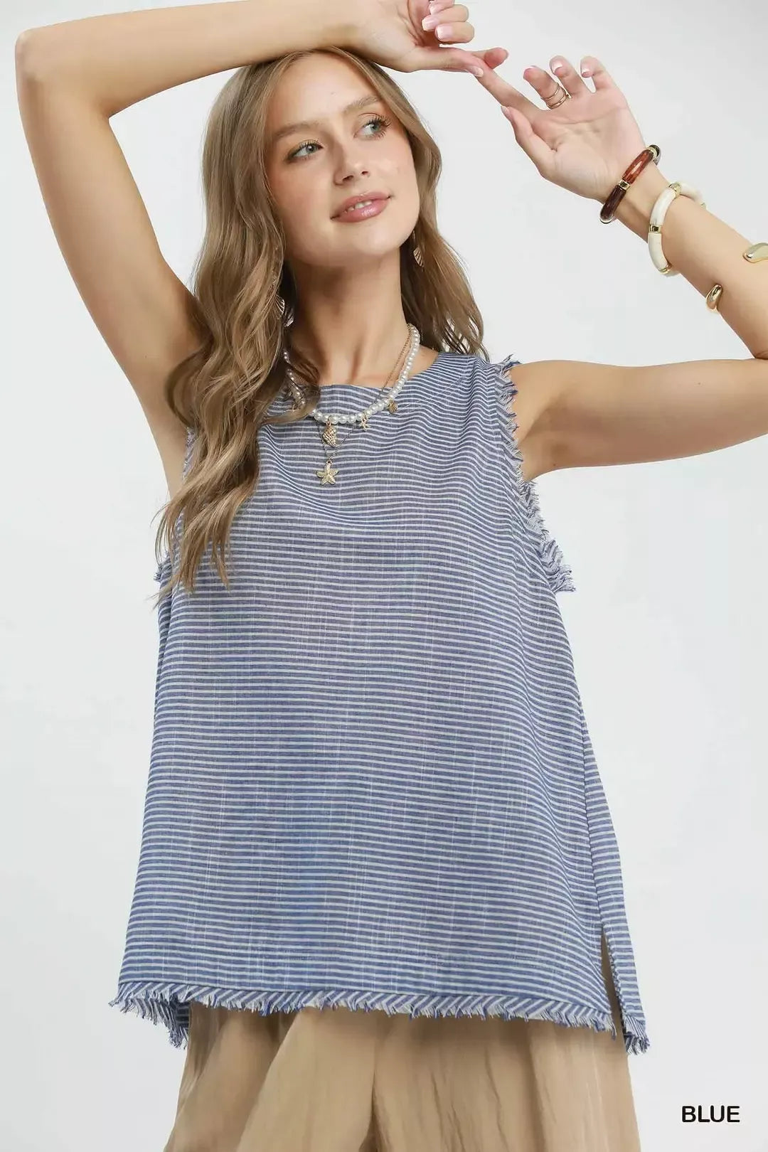 BLUE Striped linen-cotton sleeveless top with fringe trim