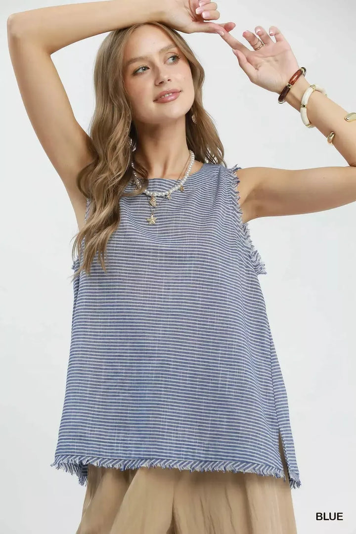 BLUE Striped linen-cotton sleeveless top with fringe trim