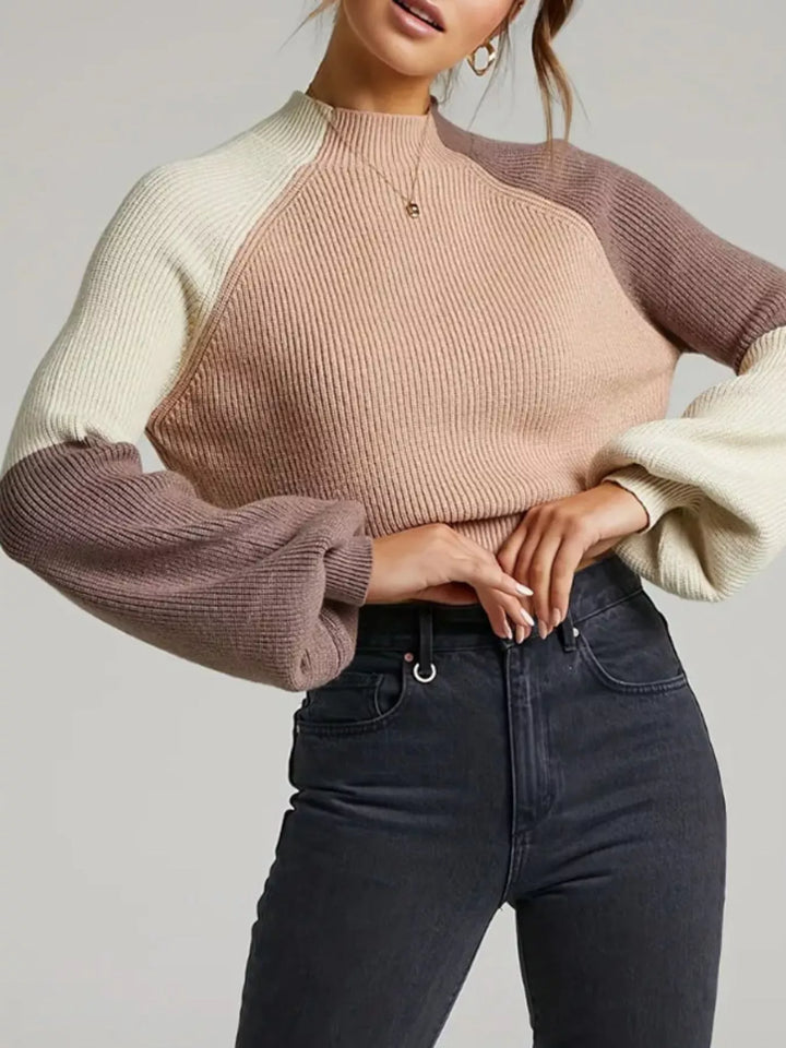 Tan Color block ribbed knit mock neck sweater with balloon sleeves