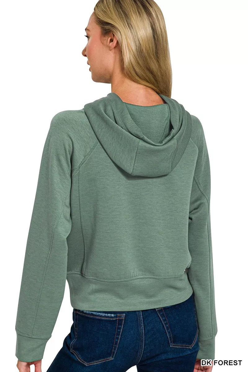 Cropped scuba drawstring hoodie with banded hem