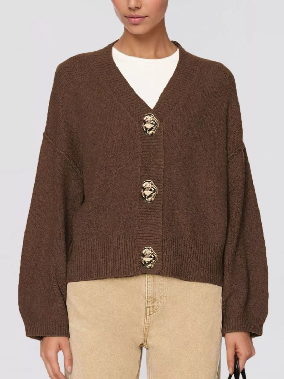 Brown Gold button V-neck knit cardigan with drop shoulders