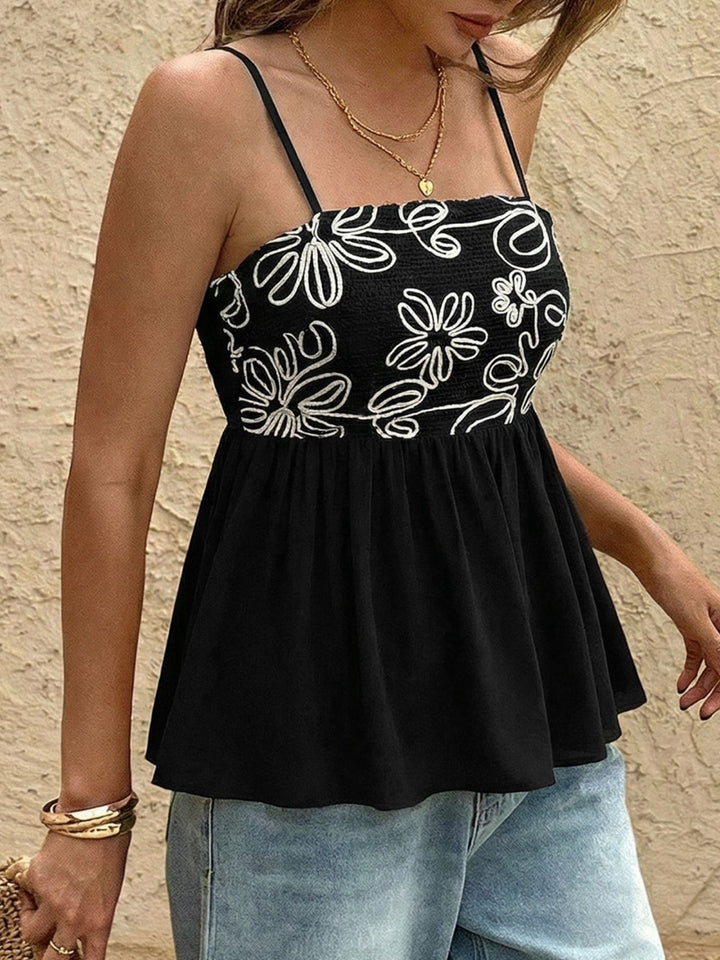 Floral smocked peplum cami with spaghetti straps