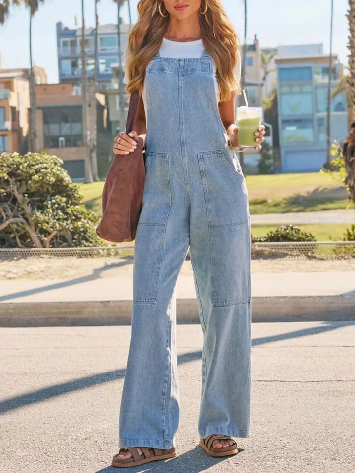 Light Blue Wide-leg denim overalls with patch pockets