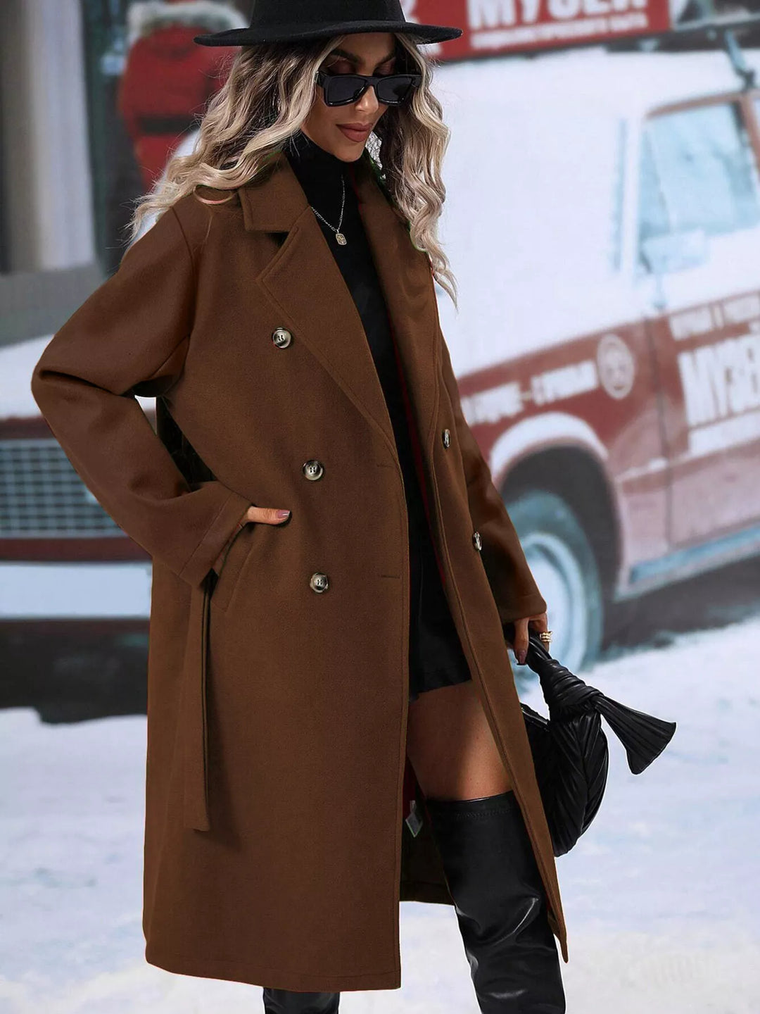 Double-breasted belted longline overcoat with lapel collar