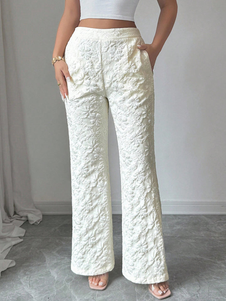 White Textured floral high-rise wide-leg pants with pockets