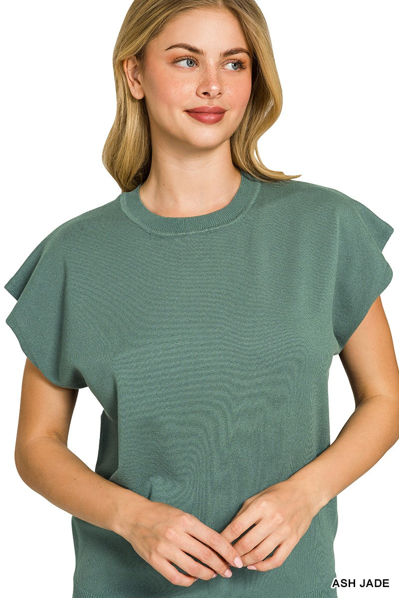 Extended-shoulder short sleeve knit sweater with ribbed trim