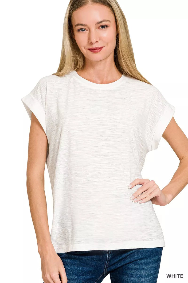 WHITE Slub knit tee with cuffed short sleeves and crew neck