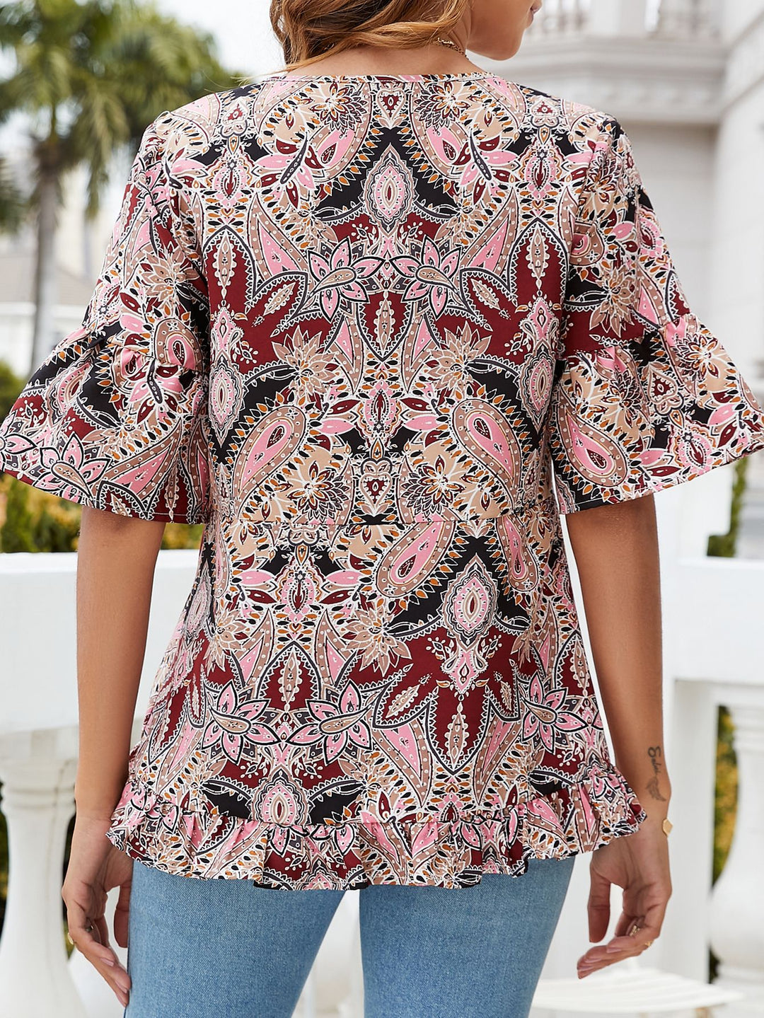 Paisley print flounce sleeve ruffle hem blouse