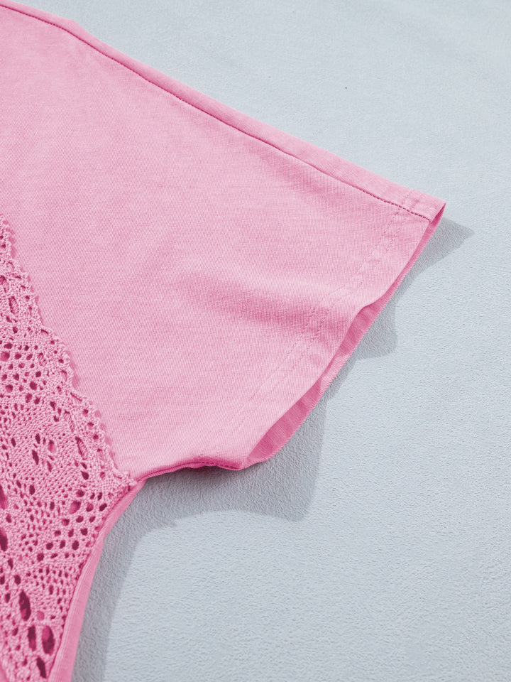 Mineral wash lace patchwork tee with notched neck