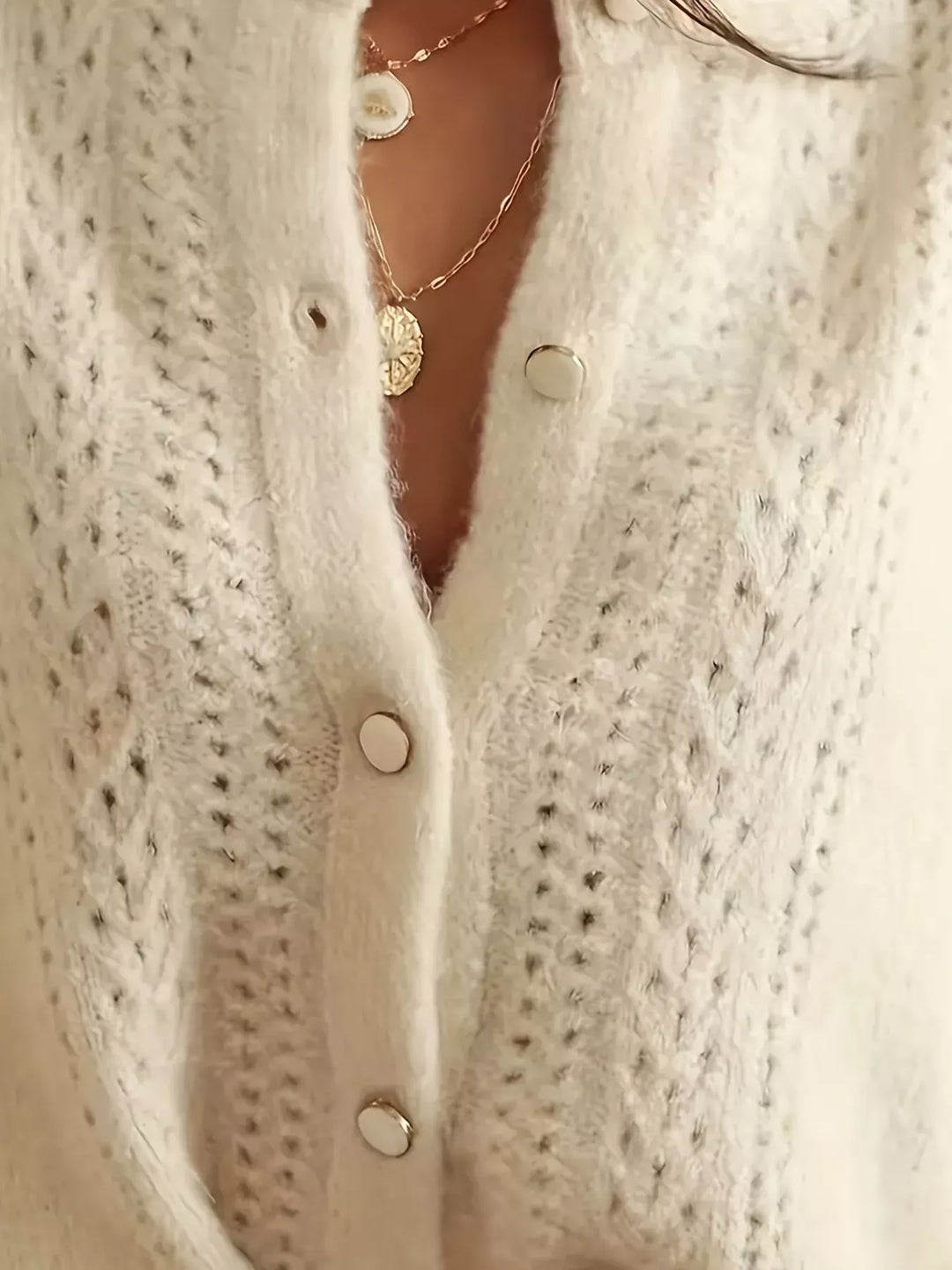 Button-down eyelet knit cardigan with puff sleeves