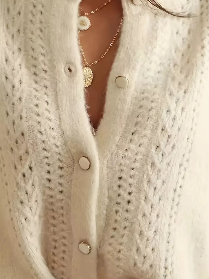 Button-down eyelet knit cardigan with puff sleeves