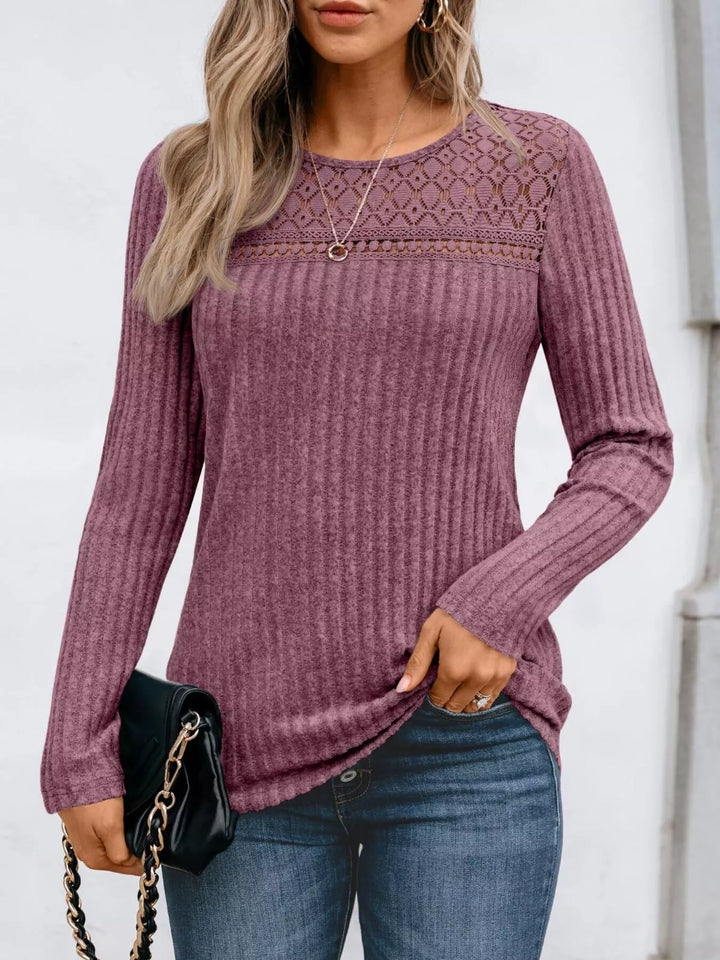 Purple Ribbed knit long sleeve top with lace yoke